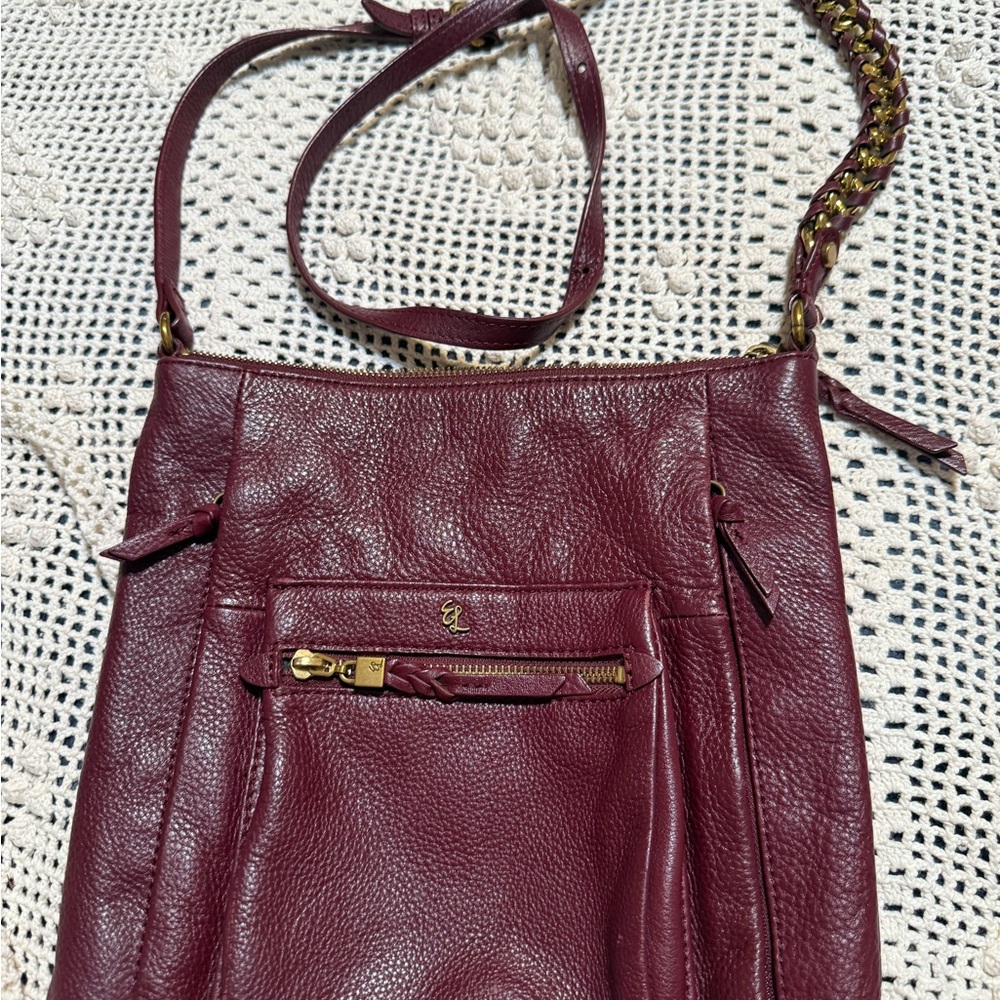 Pebbled Leather Burgundy Crossbody Bag with Gold Accents
